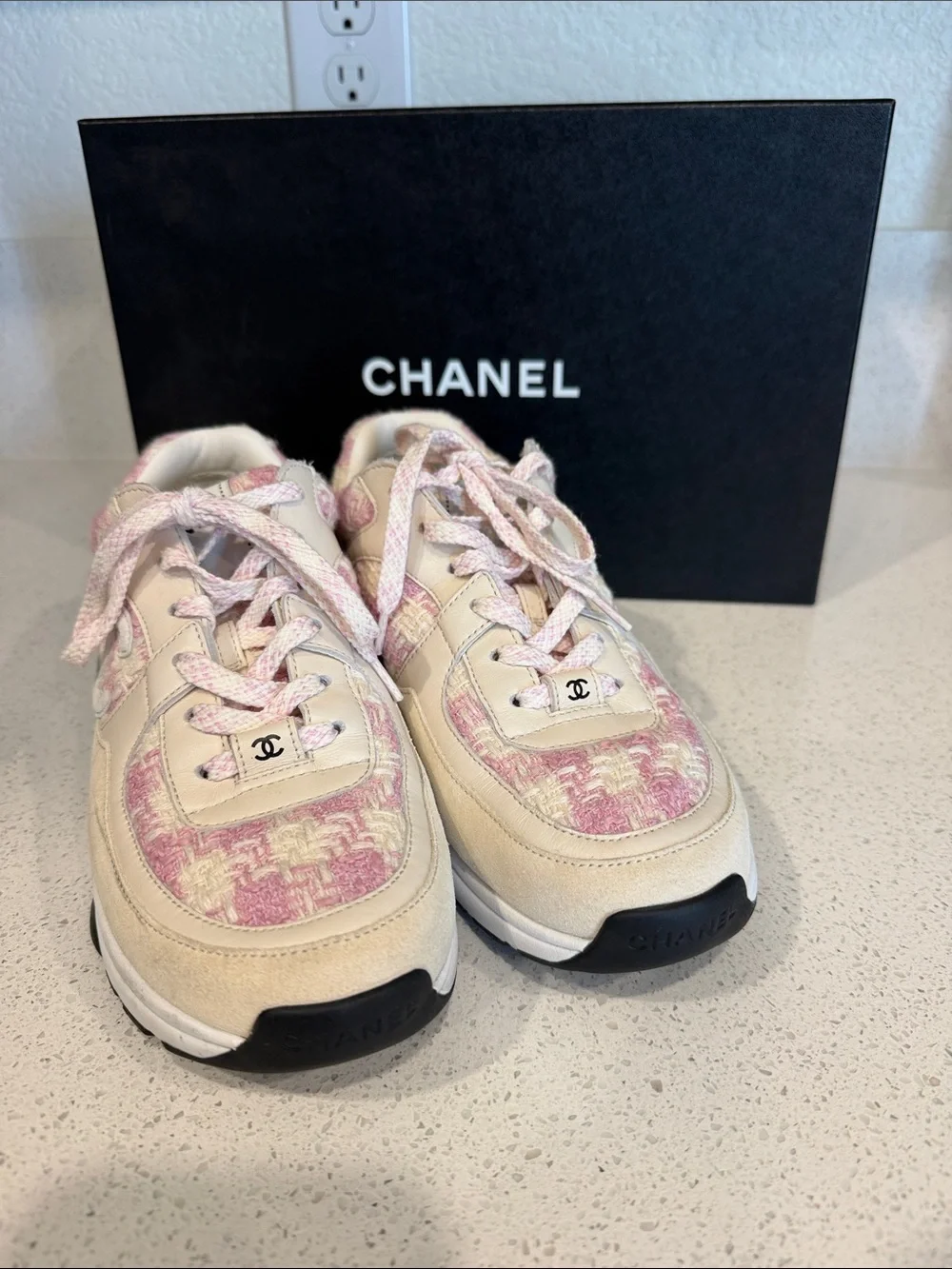 CHANEL Pink and Beige Tweed Runner Sneakers - size US 7.5/EU38